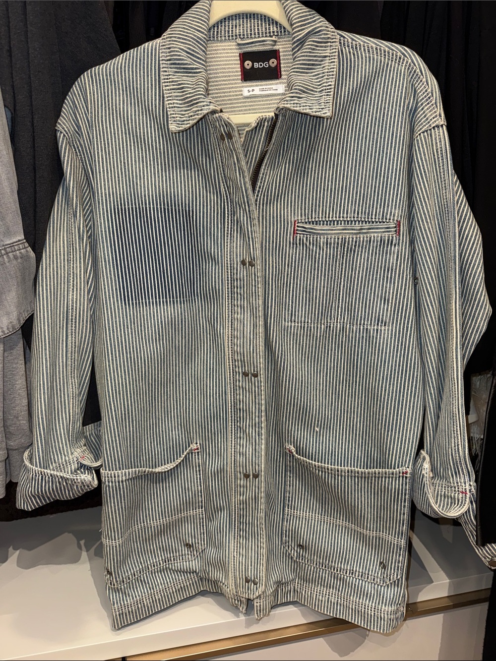 BDG Striped Denim-Style Work Jacket in Blue and White- size small oversized